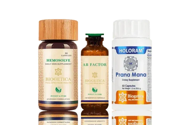 Biogetica Freedom Kit with Hemosolve iron supplement, AB Factor homeopathic formula, and Prana Mana dietary capsules for holistic health support.